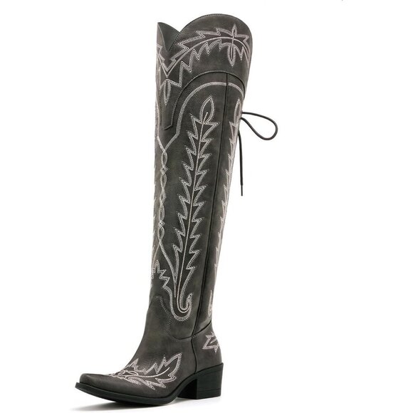 Embroidered Lace up Cowgirl Boots Grey Faux Leather Over the Knee Small Heels - Picture 1 of 7